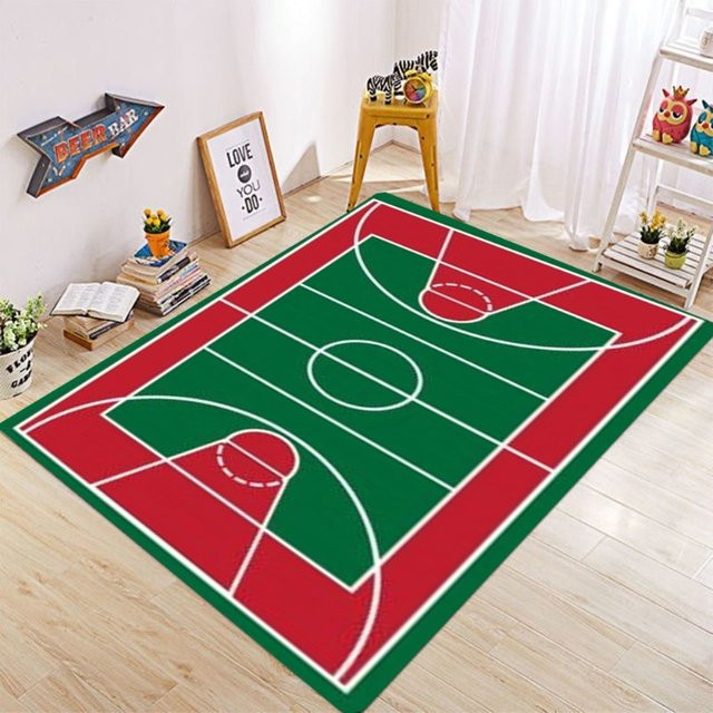 Basketballplatz-Musterteppich für Wohnzimmer und Schlafzimmer in Grün und Rot mit sportlichem Design - Bild 1
