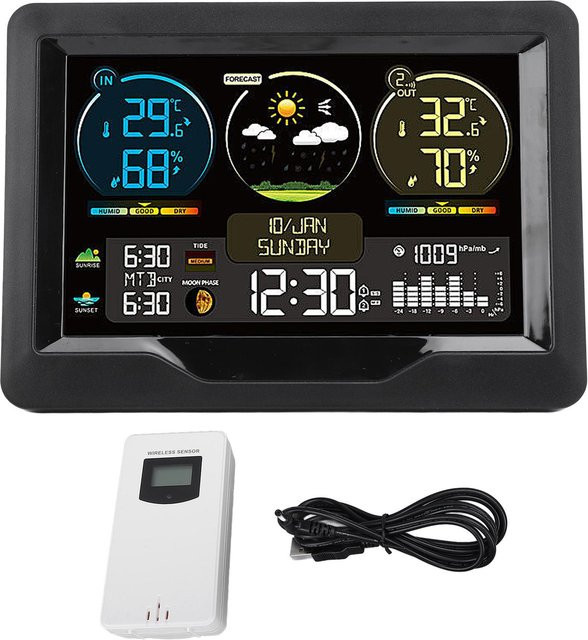 KONNWEI Digitales Wetterthermometer, kabelloser Temperatur- und Feuchtigkeitsmonitor mit elektrischem Sonnenaufgang, Schwarz - Bild 1