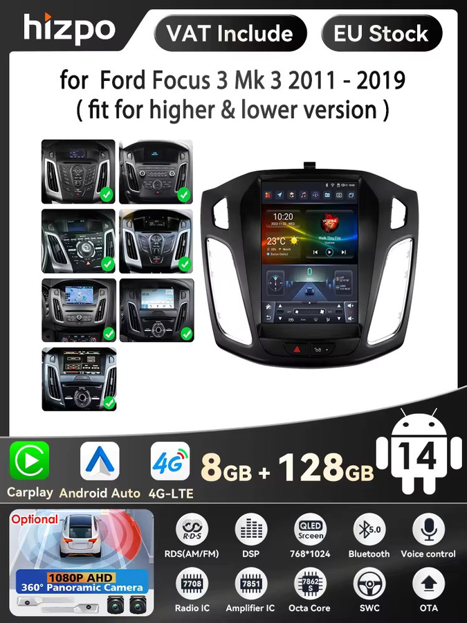 Hizpo 2Din Android 14 Auto-Multimedia-Player für Ford Focus MK3 2012–2018 mit GPS, Carplay, 4G und 360 Grad Kamera in Schwarz - Bild 6