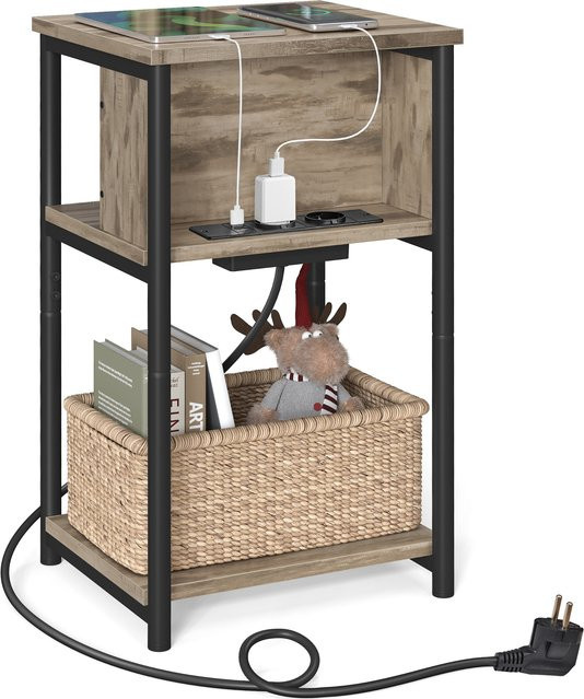 VASAGLE Beistelltisch mit Steckdose und USB-Anschlüssen im Industrial Design, Schwarz-Braun, B/T/H: 30 x 34 x 58 cm - Bild 1
