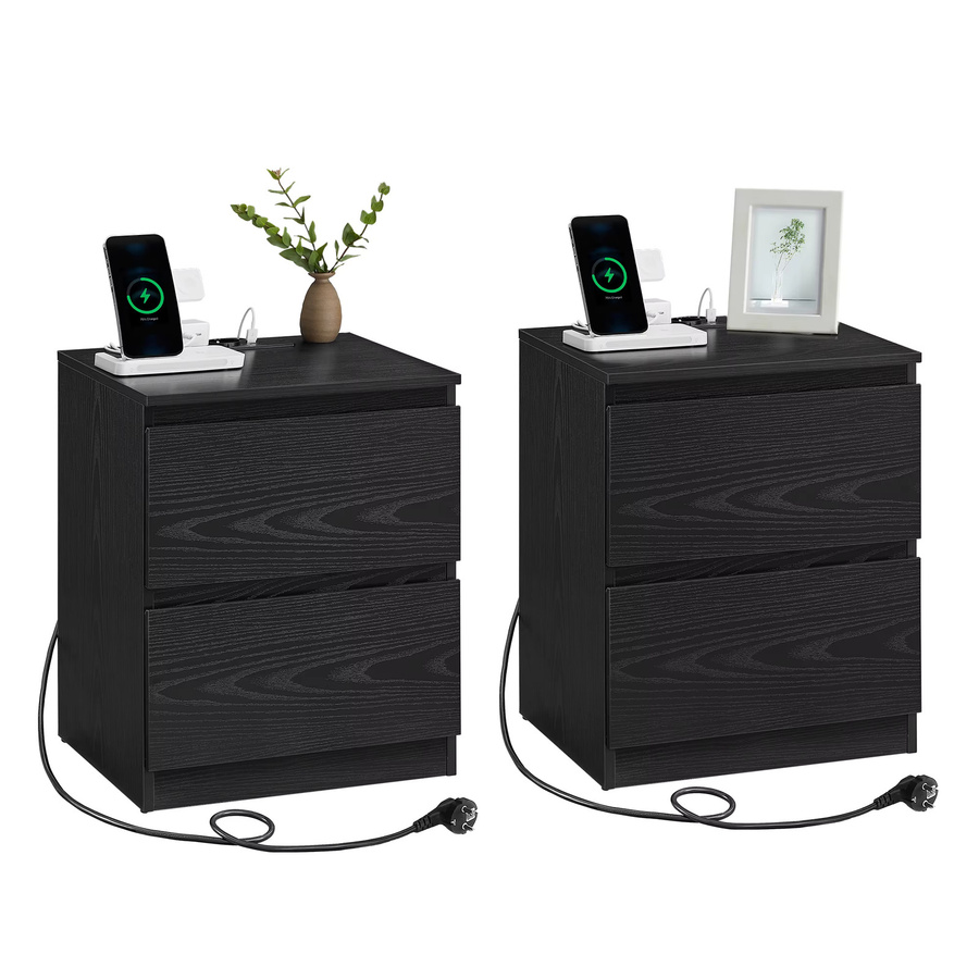 VASAGLE Nachttisch 2er Set in Schwarz mit Steckdosenleiste, 2 Schubladen, 2 AC-Steckdosen und 1 USB-A-Anschluss - Bild 2