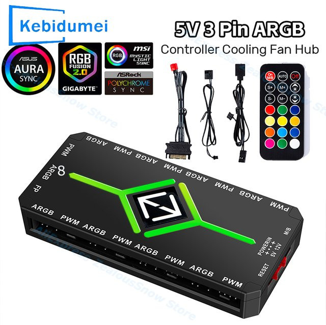 kebidumei 3-in-1 ARGB-Controller und PWM-Lüfter-Hub in Schwarz mit 1 zu 9 Anschlüssen für PC-Gehäuselüfter - Bild 1
