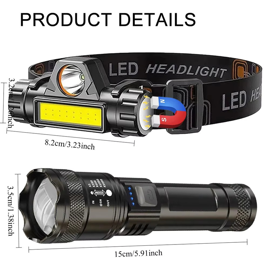 Heinast Ultrahelle LED-Taschenlampe mit Typ C Anschluss, wiederaufladbar, Schwarz, Taktische Stirnlampe mit Zoom für Outdoor, Camping und Notfälle - Bild 2