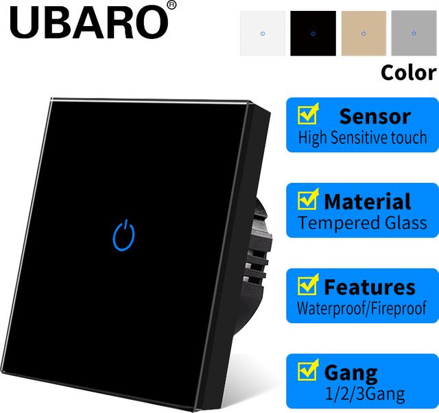 UBARO Wand-Touch-Schalter aus Glas mit LED-Anzeige, White, 1/2/3-Gang Lichtsensor-Taste für Live-Wire-Steuerung - Bild 1