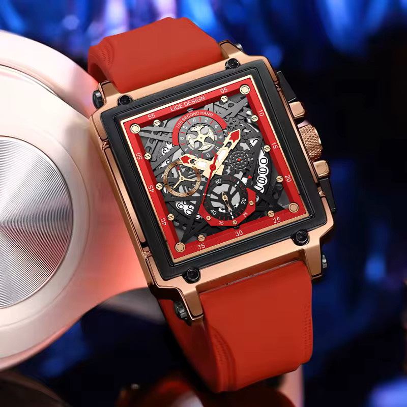 LIGE Chronograph Armbanduhr, Quarz, Eckig, Rot, Silikon, Herren - Bild 3