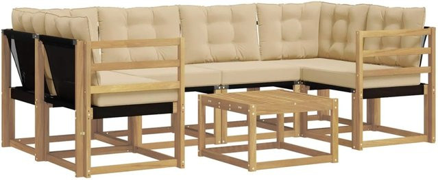 vidaXL Outdoor-Sofagarnitur 7-teilig aus Akazienholz mit Kissen in Weiß und Beige - Bild 1