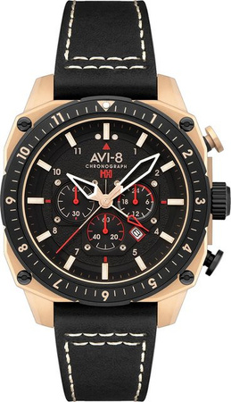 AVI-8 Chronograph, Herren, Edelstahl, Quarz, 43 mm, Leder, Schwarz, 5 ATM