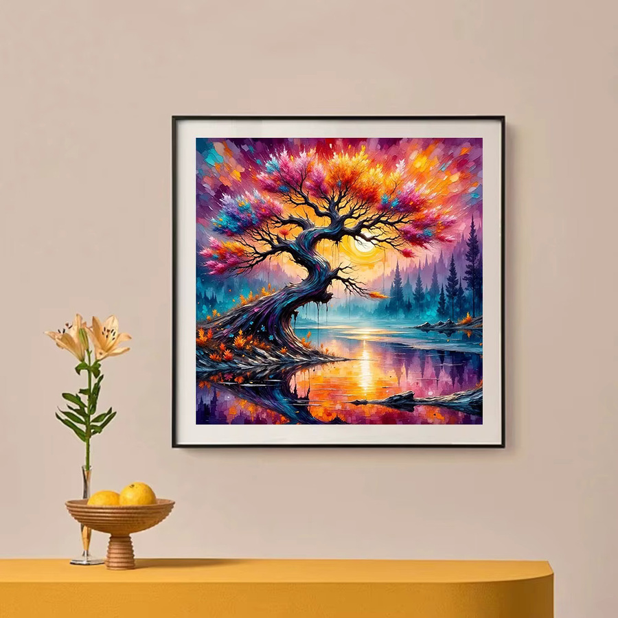 Huacan 5D DIY Diamantmalerei Sonnenuntergang Landschaft Wanddeko Rund, Mehrfarbig - Bild 3