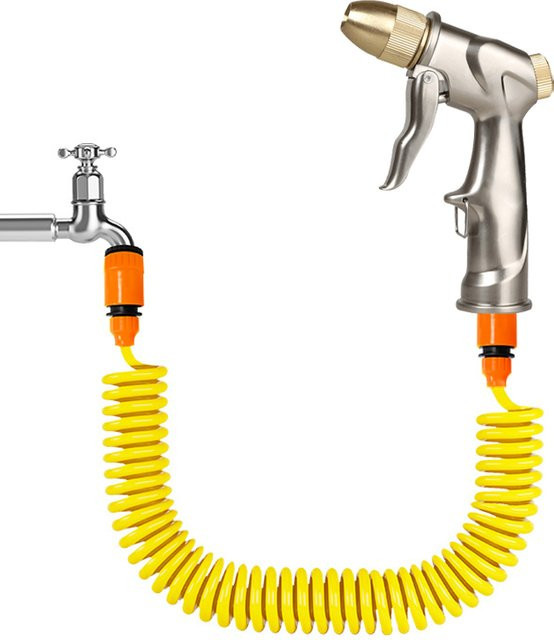 Multifunktionaler Federwasserschlauch mit gelber Metall-Hochdruck-Wasserpistole für die Gartenbewässerung und Autowäsche - Bild 1