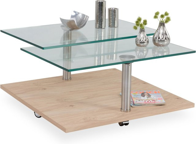 Couchtisch 7396 EK-45 von HASSE in Eiche und Klarglas mit Rollen, B/T/H: 80 x 80 x 42 cm - Bild 1