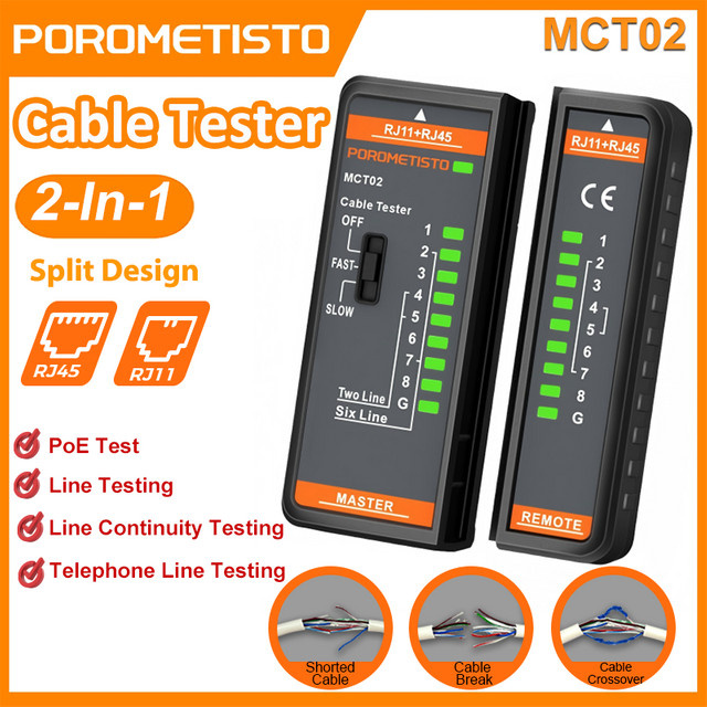 POROMETISTO MCT02 Kabeltester mit LED-Anzeige für RJ11 und RJ45, Dual-Use Netzwerkkabeltester für POE-Tests und Leitungskontinuität, Schwarz - Bild 1