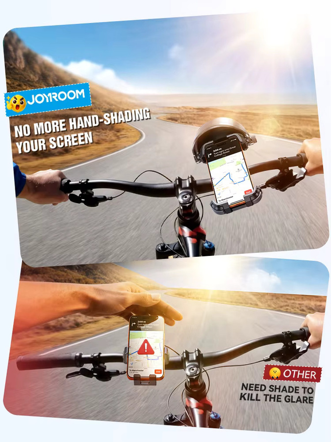 Joyroom Universeller Fahrrad-Handyhalter mit Sonnenschutz für iPhone und Samsung, MTB-Bike-Motorrad-Ständer, Schwarz - Bild 3