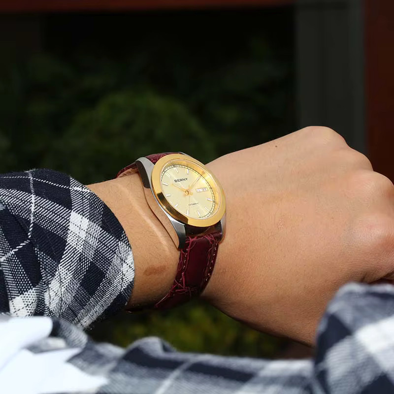 BERNY Automatikuhr, Gold, Leder, Herren, Datum - Bild 5