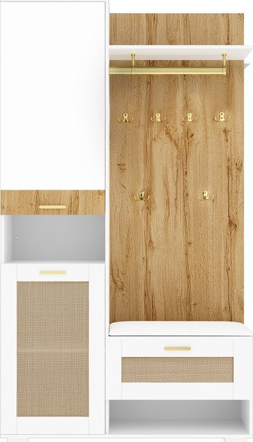 GL Store Garderoben-Set mit Spiegel, Sitzbank und LED-Beleuchtung in Weiß und Beige mit Rattan-Optik und 6 goldenen Kleiderhaken, B/T/H: 110 x 38 x 190 cm - Bild 1