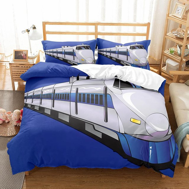 Lodestar Bettwäsche-Set mit Cartoon Zug und Auto Muster in Blau, B/H: 135 x 200 cm - Bild 1