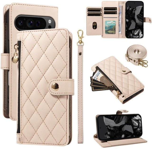 Leder-Handyhülle mit Lanyard und Reißverschluss-Klappbörse für Google Pixel 10 Pro XL 9 9A 8 8A 7A 7 6A in Pink - Bild 1