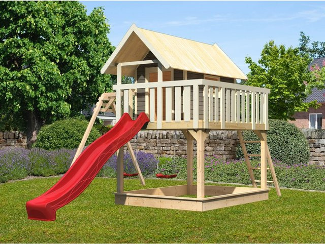 Karibu Stelzenhaus Fidel in Terragrau mit Doppelschaukel und roter Wellenrutsche - Bild 1