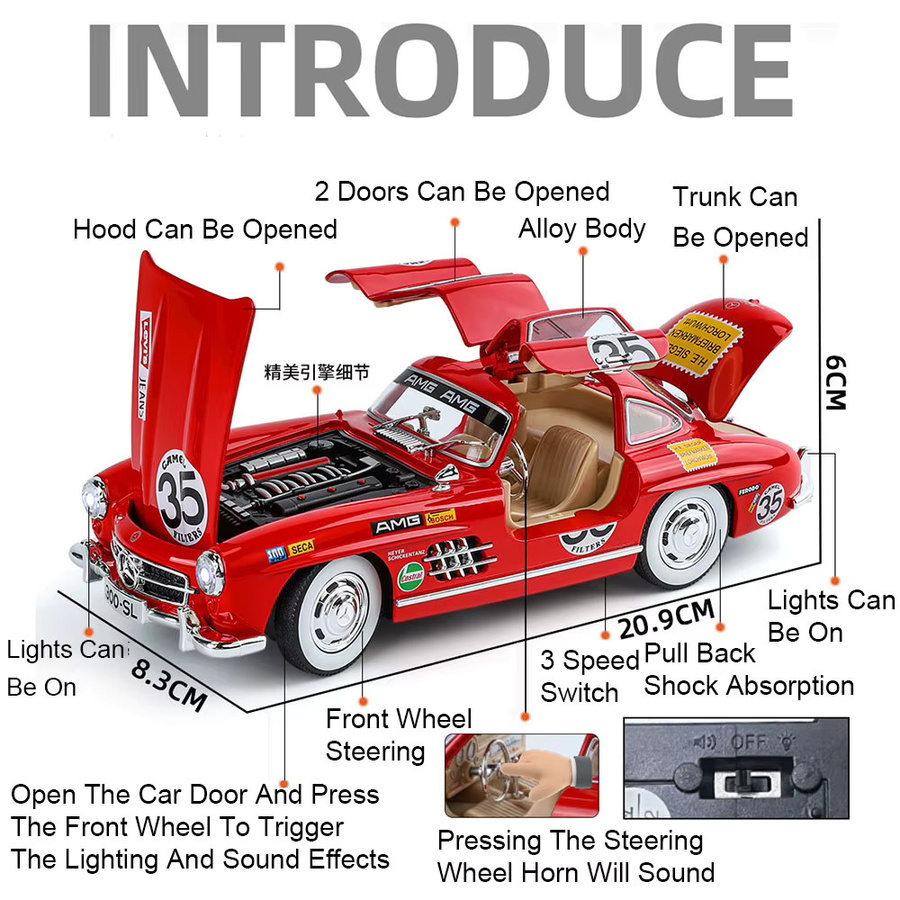 RMZ city 300SL Oldtimer Modell, 1:24, Metall, mit Licht und Sound - Bild 2