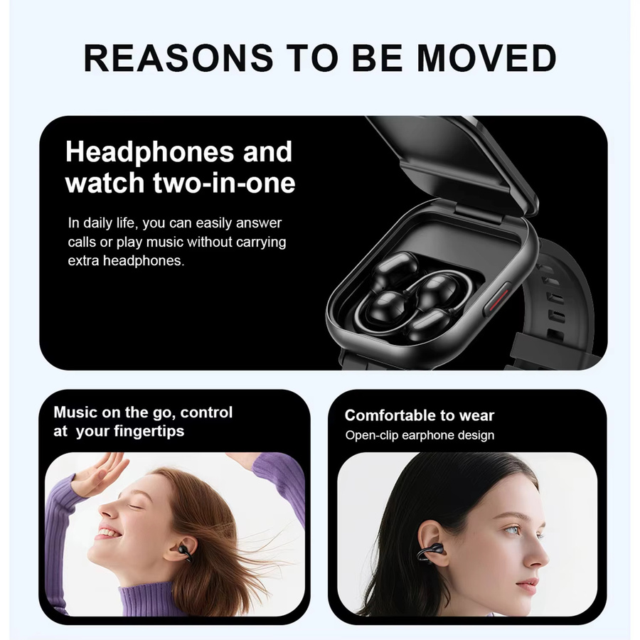 LIGE 2-in-1 Smartwatch mit Bluetooth-Clip-On-Ohrhörern und Herzfrequenzmessung in Schwarz - Bild 2
