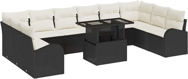 vidaXL Garten-Sofa-Set aus Poly-Rattan in Schwarz und Creme mit 11-teiliger Polsterung und Tisch - Bild 1