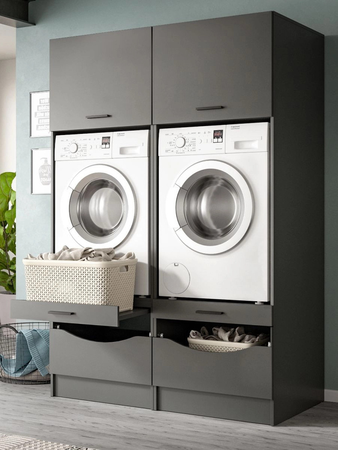 Waschmaschinenumbau Set Flexy in Grau, Modernes Design mit Soft-Close-Türen, B/H: 132 x 195 cm - Bild 1
