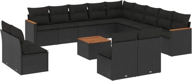 vidaXL 14-teilige Garten-Sofagarnitur aus Poly-Rattan und Akazienholz in Schwarz mit Kissen - Bild 1