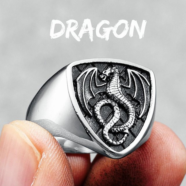 YIRAN Jewelry Drachenschild Ring, Edelstahl, Silber, Herren - Bild 1