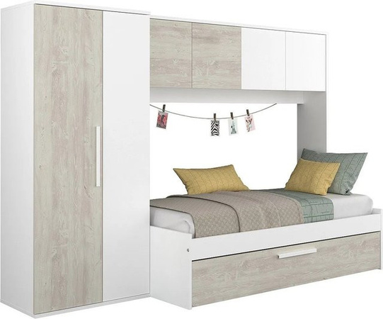 Lumoka Ausziehbett mit Schrank und Schubladen in Weiß und Naturfarben, B/T/H: 298,4 x 80–90 x 190/200 cm