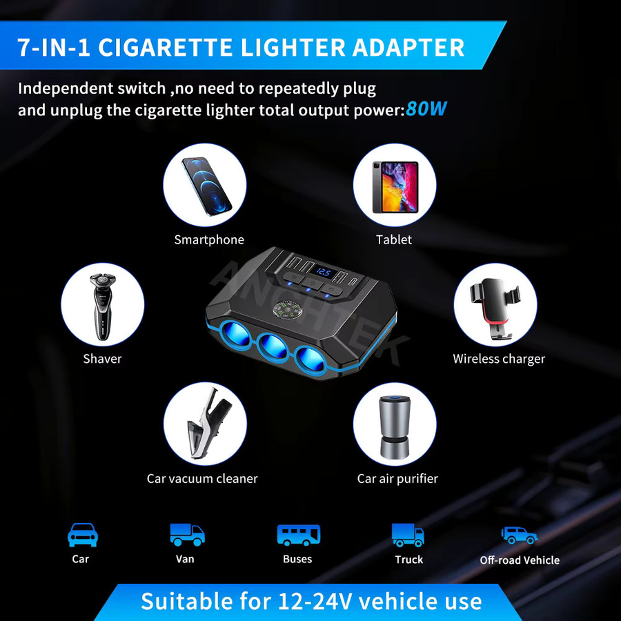 Anchtek 120W Auto Zigarettenanzünder Adapter mit USB-Schnellladegerät und LED-Voltmeter in Schwarz - Bild 5