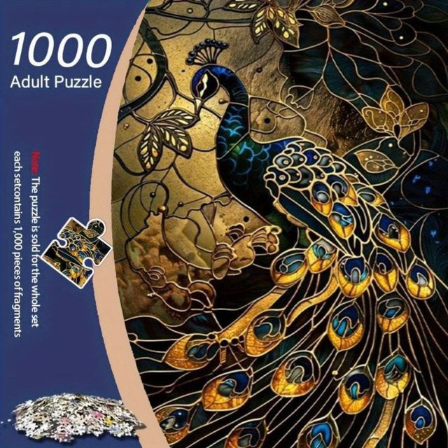 AZNM Pfauenpuzzle aus Buntglas in Blau und Gold mit floralem Art Nouveau Design für Erwachsene - Bild 1