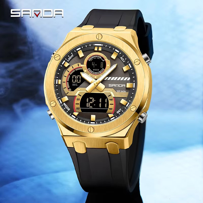 SANDA Armbanduhr, Messing, Schwarz, Analog-Digital, Herren - Bild 2