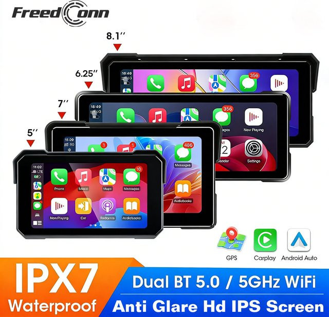Freedconn Motorrad-Navigationssystem mit Carplay und Android Auto, tragbarer wasserdichter Monitor in Schwarz - Bild 1