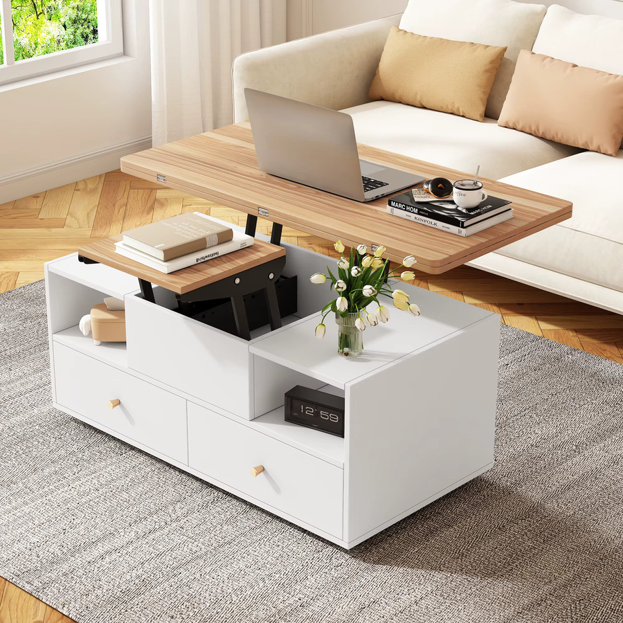 Okwish Couchtisch mit Klappfunktion, 4 Schubladen und Höhenverstellung in Weiß - Bild 4