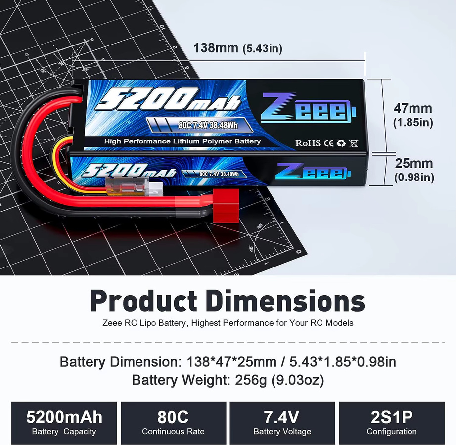 Zeee 2S 5200 mAh Lipo Batterie 80C mit T/XT60/EC5/EC3 Stecker 2-teiliges Set - Bild 3