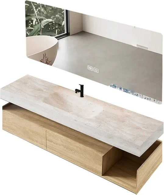 360Home Badezimmermöbel Set Wandhängend in Weiß mit Sinterstein Waschbecken, LED Spiegel und Schubladenschrank, B: 130 cm, T: 55 cm, H: 25 cm - Bild 1