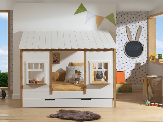 Vipack Landhausbett mit Dach aus massiver Kiefer in Braun und Weiß mit Bettschublade, Liegefläche 90 x 200 cm - Bild 1