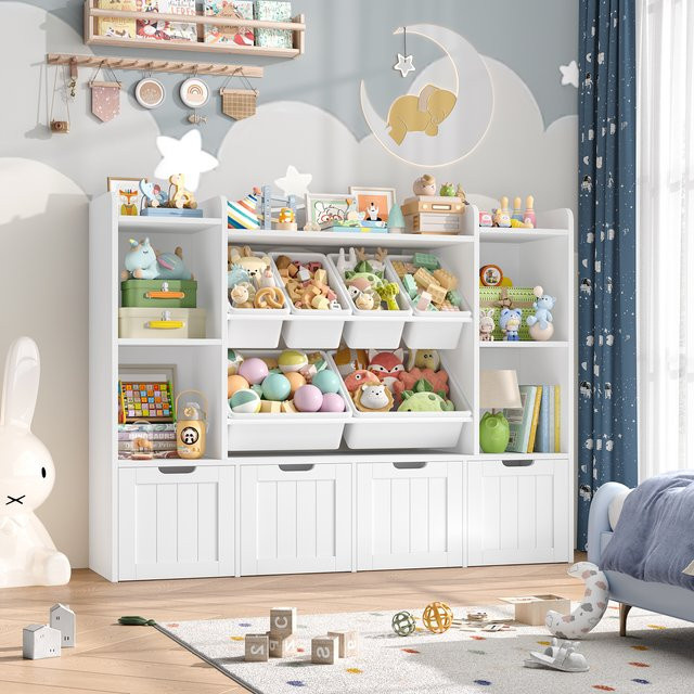 Getone Kinder-Bücherregal in Weiß mit 7 Fächern, 6 herausnehmbaren Spielzeugboxen und 4 Schubladen mit Rollen, B/T/H: 140 x 30 x 106 cm - Bild 1
