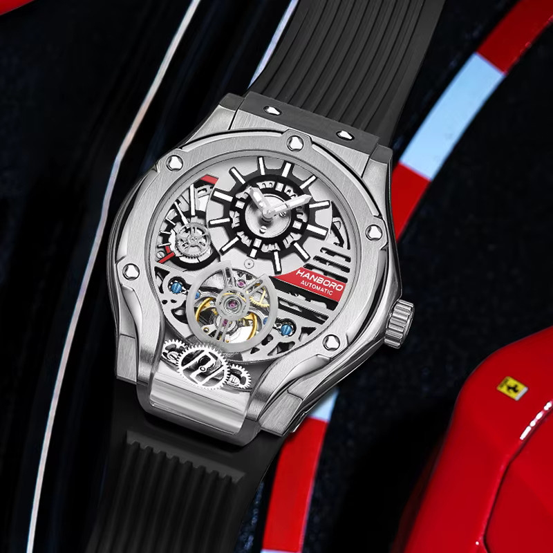 HANBORO Automatik Armbanduhr, Edelstahl, Silber, Silikon, Herren - Bild 3