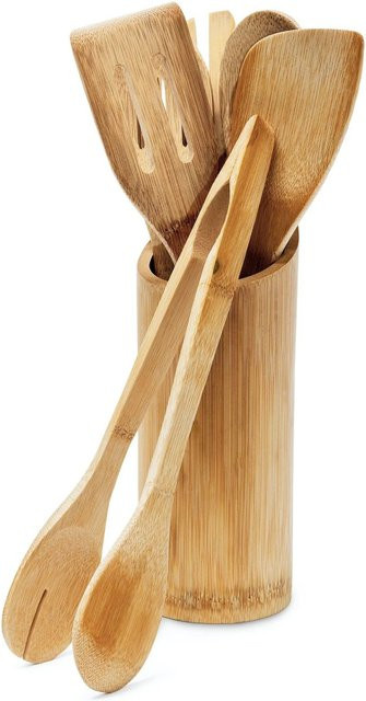 Relaxdays Küchenhelfer Set aus Bambus in Natur, 7-teilig, braun, Breite: 22,5 cm, Tiefe: 8,5 cm, Höhe: 30 cm - Bild 1
