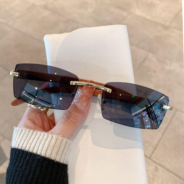 Braune Sonnenbrille, randlos, rechteckig, Unisex, Metall - Bild 1