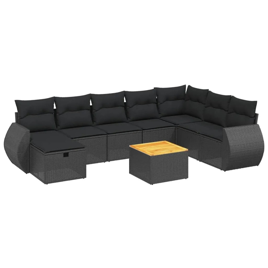 vidaXL 9-tlg. Garten-Sofagarnitur in L-Form aus Polyrattan und Metall in Schwarz mit Kissen und Polsterung - Bild 2