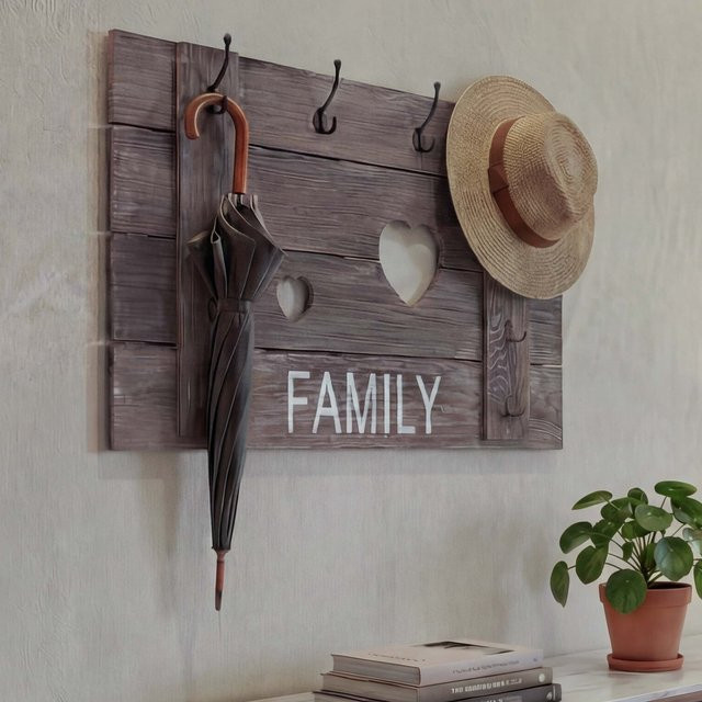 Wandgarderobe MCW C89 Family aus Paulowniaholz mit 8 Haken im Shabby-Look Vintage, Farbe: Braun, B: 60 cm, H: 90 cm - Bild 1