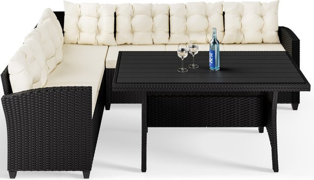 CASARIA Polyrattan Lounge-Set in L-Form mit WPC Tisch, Schwarz und Beige - Bild 1