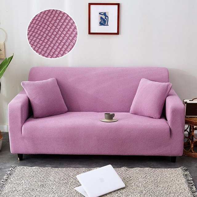Stretch Sofabezug für 2-Sitzer als Möbelschutz aus Jacquardstoff mit Karomuster in Lila, Breite: 145-185 cm - Bild 1
