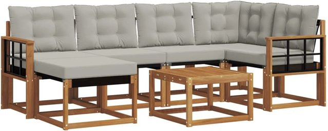 vidaXL Outdoor-Sofagarnitur 7-teilig aus Akazienholz und Textilene in Natur und Hellgrau mit Kissen und Armlehnen - Bild 1