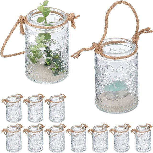 Relaxdays Windlicht 12er Set aus Glas in Braun Transparent mit Henkel für Teelichter im Vintage-Stil, Höhe: 10,5 cm, Durchmesser: 7 cm - Bild 1