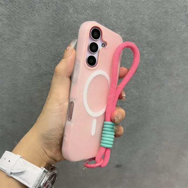 Magnetische Handyhülle im Candy-Stil für Samsung Galaxy S25 S24 S23 Ultra S25 Plus mit Handschlaufe in Schwarz oder Pink - Bild 1