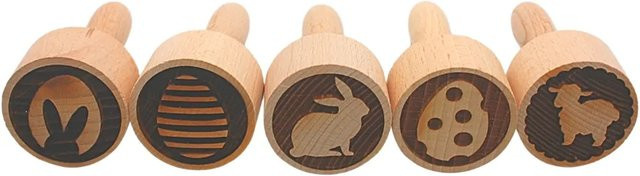 Dekohelden24 5er Set Teigstempel aus Holz mit Ostermotiven, Farbe: Braun, Maße eines Stempels L/B/H: 4 x 4 x 8 cm - Bild 1