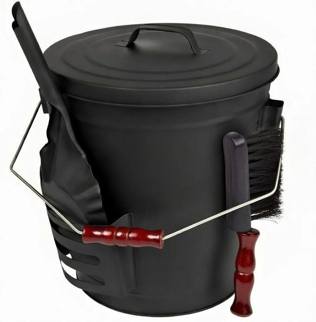 BLACK OAK Ascheeimer STROMBOLI 20L mit Schaufel und Handfeger, silberner Aschebehälter aus Metall mit Edelstahlbügel für Kaminofen und Grill - Bild 1