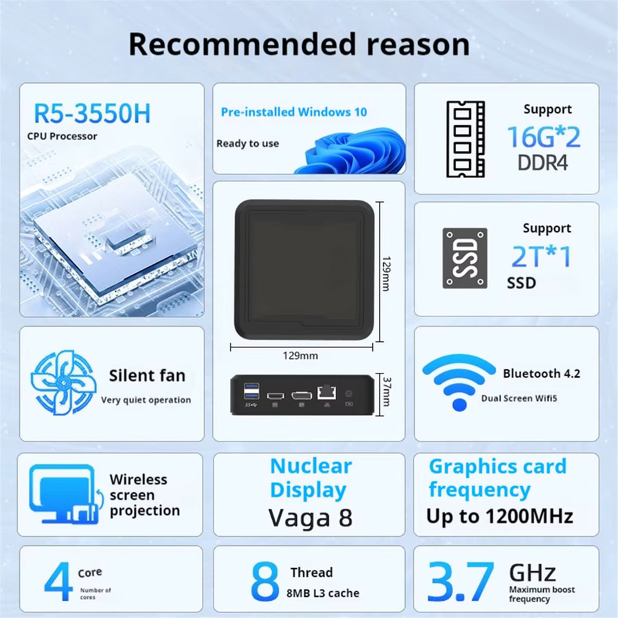Mini-PC mit AMD Ryzen 5 3550H CPU, Ren3000, DDR4, Schwarz - Bild 2